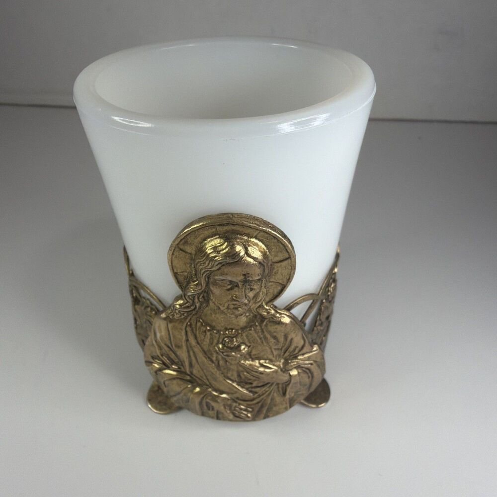 Vintage Sacred Heart of Jesus Brass Votive Candle Holder Metal & Milk Glass Jar